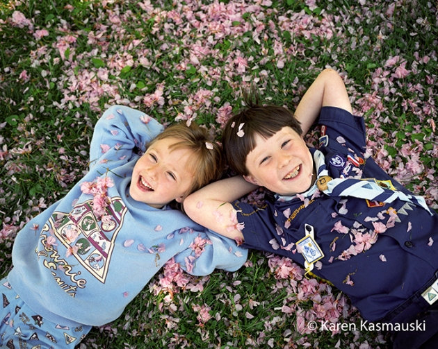 Katie, 7, and Will, 9, posing for their annual Cherry tree portrait.  