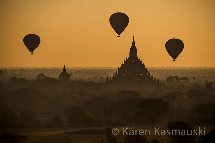 Sunrise at the Shwe San Daw pagoda in Bagan begins  with balloon flights over the temples.